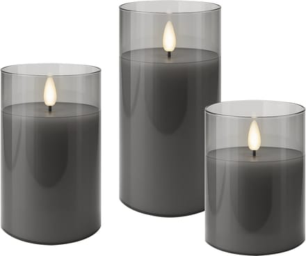 Goobay 3-delige set LED-kaarsen van echte kaarsvet in glas, grijs-transparant, met timerfunctie en 3D-vlammenkegel, op batterijen, warm wit (2700 K)