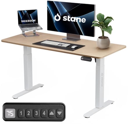 Stane Zit Sta Bureau Elektrisch Verstelbaar - Kabelgoot - 160 x 80 cm - Eiken Blad, Wit Frame