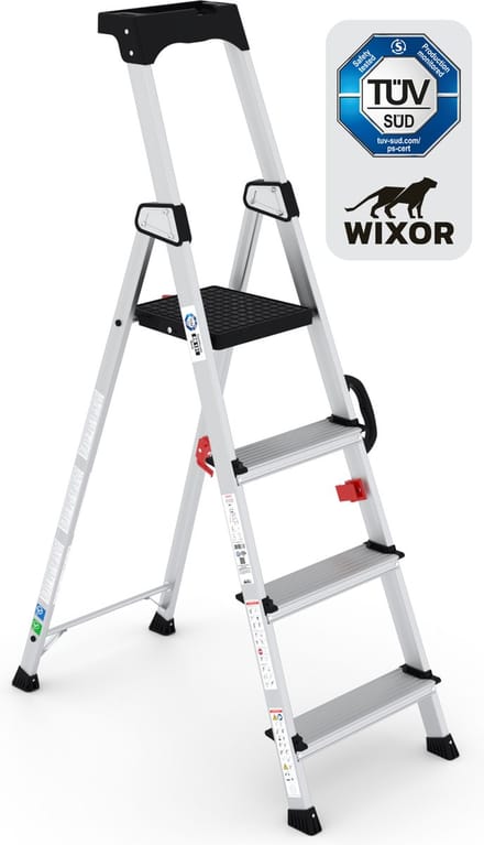 Wixor Trapladder Handyman | Huishoudtrap 4 treden | Professionele trap | Enkel Oploopbare trap | Keukentrap | Trapladder | Tuv-gecertificeerd | EN131