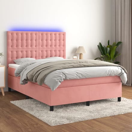 vidaXL - Boxspring - met - matras - en - LED - fluweel - roze - 140x190 - cm