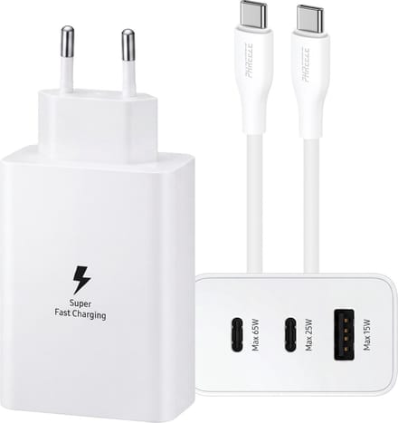Phreeze 65W 3 Poorten USB Adapter + USB C naar USB C Kabel 1 Meter Rubber Soepel Wit