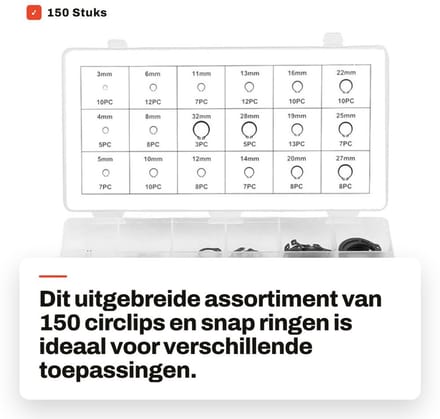 Dailygoods- Circlip Assortiment 150 Stuks - Snap Ring - Borgringen - Retaining Ring - Gehard Metaal - Resealable Doos - Borgring