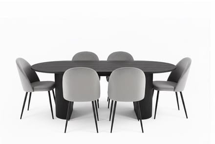 Kyoto eethoek eettafel donkerbruin, 6 stoelen met grijze velours bekleding.