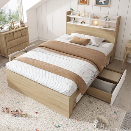 MODFU - Bedframe 90x200 cm – Met hoofdbord met 4 vakken & 2 lades – Wit/Eiken