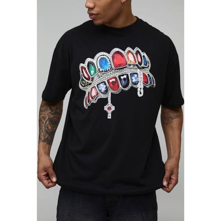 Oversized T-Shirt met Diamant Print | Black | Size Medium