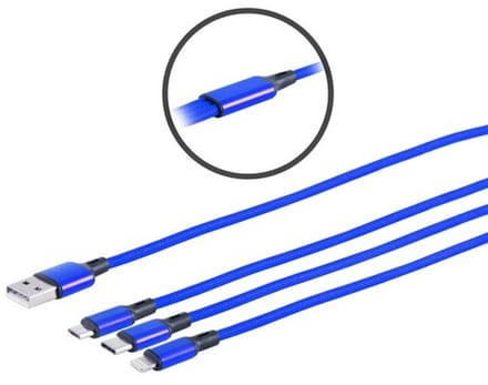 USB 3in1 Ladekabel A Stecker auf USB Micro B + USB Typ C + 8-pin Stecker, blau, 1,2m