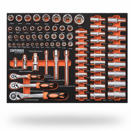 Doppenset in Softmodule 90-delig – Ratels ¼″, ⅜″ & ½″ | Verlengers & Cardan Gelenken – Chrome-Vanadium