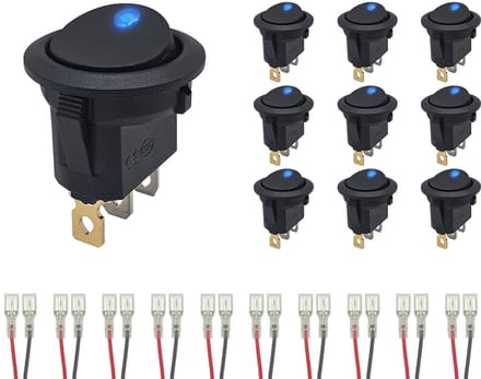 ProRide Wipschakelaar ON-OFF KCD2-12 - met Aansluitkabels - 3 pins - Rond - 12V/20A - LED indicator Blauw - 10 stuks