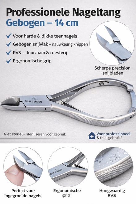 Belux Surgical Instruments / Professionele Nageltang Gebogen – Voor Harde & Ingegroeide Teennagels – RVS – 14 cm – Ergonomisch Handvat