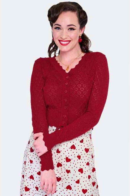 Voodoo Vixen - Scalloped Edge Heart Knit Cardigan - L - Rood