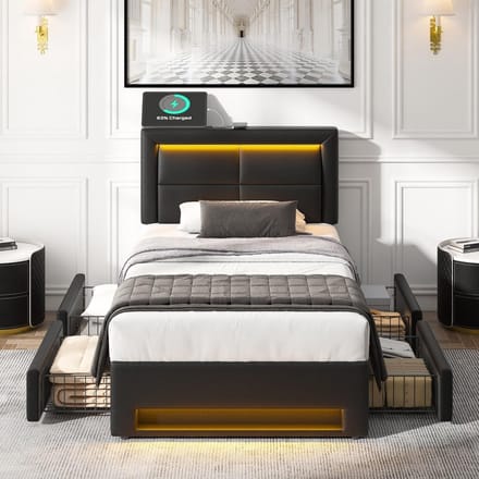 Eenpersoonsbed 90x200 cm met opbergruimte, USB en LED verlichting, gestoffeerd bedframe