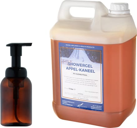 Zeepdispenser 300 ml amber bruin hervulbaar + 5 liter Showergel Appel-Kaneel navulling