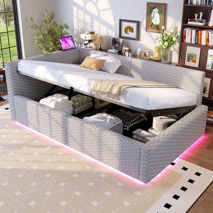 PHOEBE CAT Gestoffeerd bed - 90 x 200 cm - LED-verlichting - USB/Type-C - Opbergruimte - Velvet - Grijs