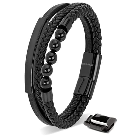 SERASAR Lederen Herenpolsbandje [Pearl] - Zwart 17cm - Geweldig-Idee