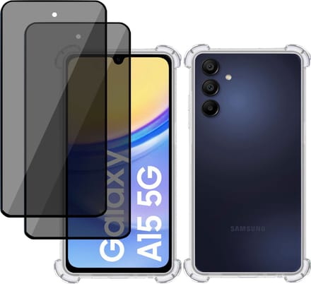Hoesje + 2x Privé Screenprotector geschikt voor Samsung Galaxy A15 – Privacy Tempered Glass - Case Transparant