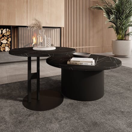 Meubella - Mastro - Salontafel set van 2 - Zwart marmerlook - 58-75 cm