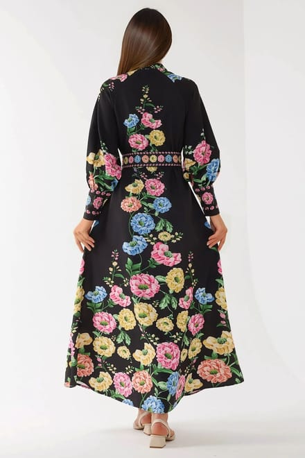 Geprinte Lange Mouwen Maxi Dress met Riem