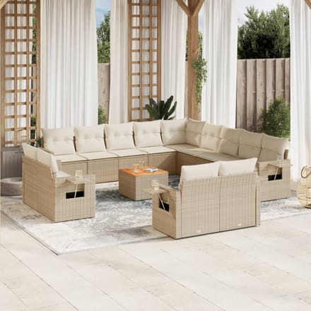 vidaXL - 14-delige - Loungeset - met - kussens - poly - rattan - beige