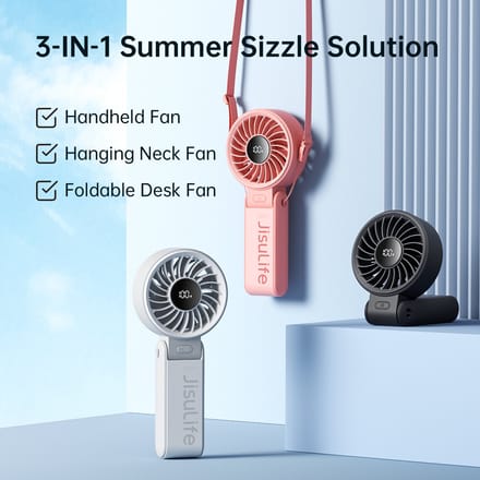 JISULIFE Draagbare handventilator, draagbare ventilator met LED-display [Max. koeling 19,5 uur] 5000mAh, 150 °   Bend, 5 snelheden, koord; 3-IN-1