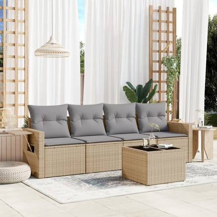 vidaXL - 5-delige - Loungeset - met - kussens - poly - rattan - beige