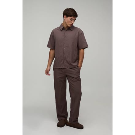 Gestreepte Seersucker Oversized Shirt & Relaxed Broek Set | Chocolate | Size Medium