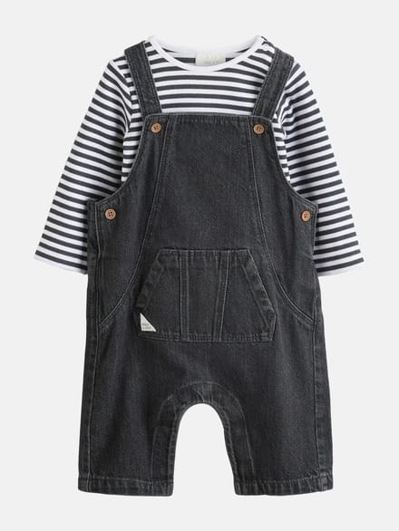 Next - Jongens - Set voor baby's van denim tuinbroek en rompertje - Grijs