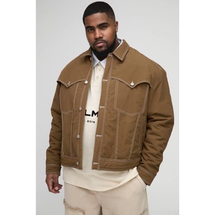 Plus Contrast Stitch Padded Boxy Western Jacket | Tobacco | Size 2XL