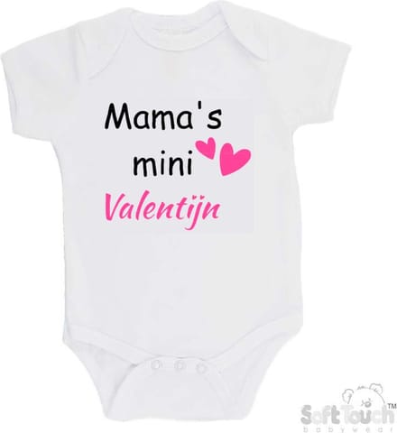 Soft Touch Romper "Mama's mini Valentijn" Unisex Katoen Wit/zwart/roze Maat 56/62