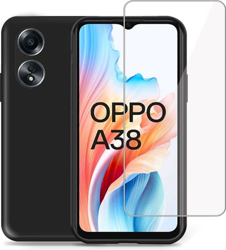 Hoesje + Screenprotector geschikt voor OPPO A38 – Tempered Glass - Liquid Back Case Cover Zwart