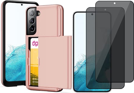 Hoesje met Pasjeshouder geschikt voor Samsung Galaxy S22 Plus - 2x Privacy Screen Protector FullGuard - Back Cover SlideCase Roségoud & Screenprotector