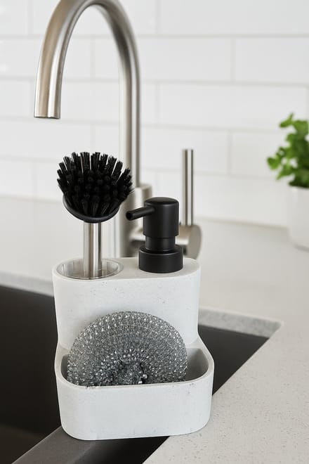 Mevaz 3-in-1 Zeepdispenser met Afwasborstel en Spons – Modern Design – Wit Marmerlook