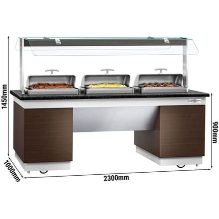 GGM Gastro Buffettheke warm DUBLIN - 2300mm - mit 3 Chafing Dishes & Rollen Bruin / Zwart / Wit