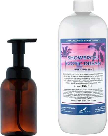 Zeepdispenser 300 ml amber bruin hervulbaar + 1 liter Showergel Exotic Dream navulling