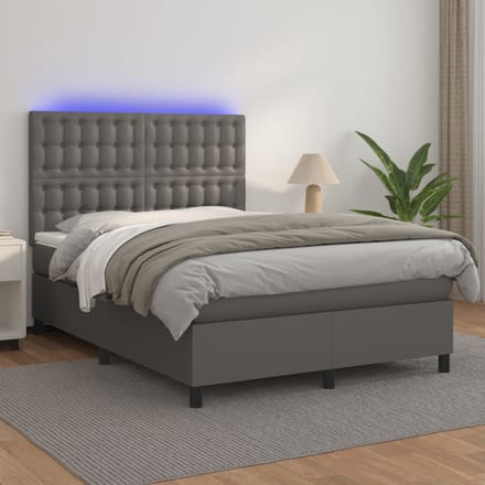 vidaXL - Boxspring - met - matras - en - LED - kunstleer - grijs - 140x200 - cm