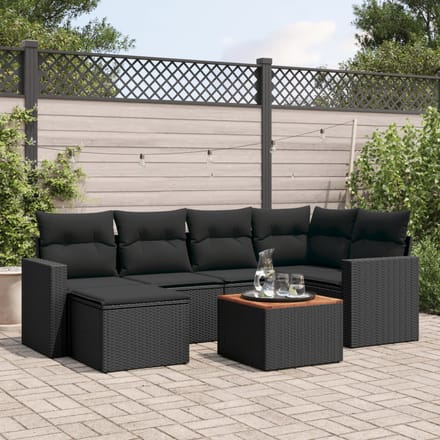 vidaXL - 7-delige - Loungeset - met - kussens - poly - rattan - zwart