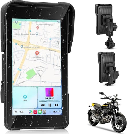 Motorfiets CarPlay Scherm 5 Inch – Draadloos Apple CarPlay & Android Auto – IP68 Waterdicht – Bluetooth – TPMS – Anti-Diefstal Houder