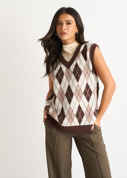 Chocoladebruine Argyle gebreide vesttrui