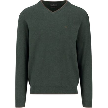 Fynch-Hatton Trui V-Neck Superfine Cotton Subtle Texture Dark Ivy / male