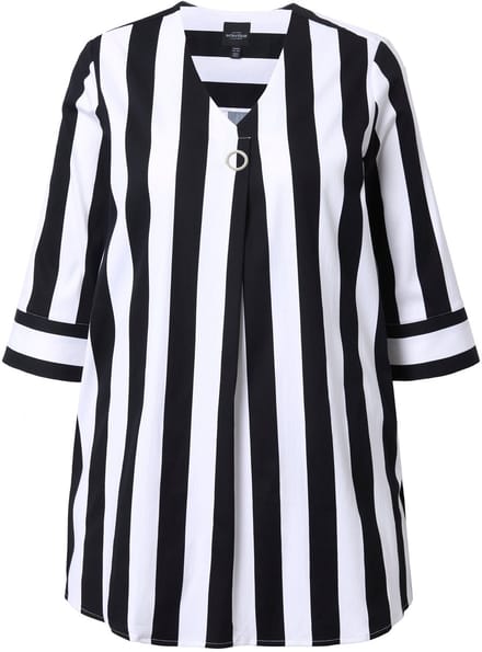 Ulla Popken - Dames - Blouse verticale strepen A-lijn V-hals 3/4-mouwen - Zwart - Maat 46+