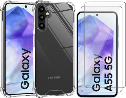 Hoesje geschikt voor Samsung Galaxy A55 - 2x Screenprotector Glas - Shockproof Transparant