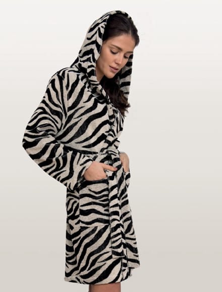 Badstof Badjas Kimono met Capuchon Zebra ecru/zwart Maat M