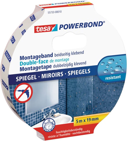 Tesa dubbelzijdig montagetape - 2x rol - 5 meter - voor spiegels - waterproof - tape