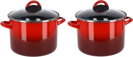 Kookpan/soeppan - Set van 2x stuks - rood - glazen deksel - D20 cm - 4,8 liter - RVS - pannen