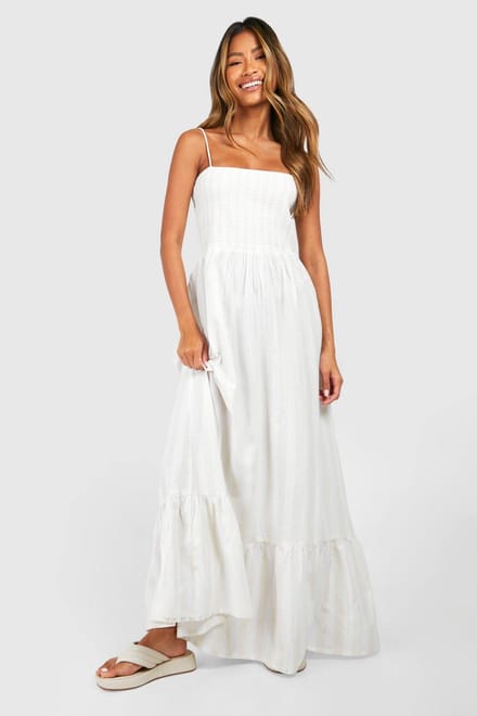 boohoo Dames Linnenlook Geschrimpte Gestreepte Bandeau Maxi-jurk | Ecru | Maat: 46