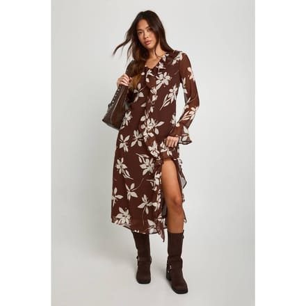 boohoo Dames Bloemen Chiffon Midaxi Gerafelde Jurk | Chocoladebruin | Maat: 36