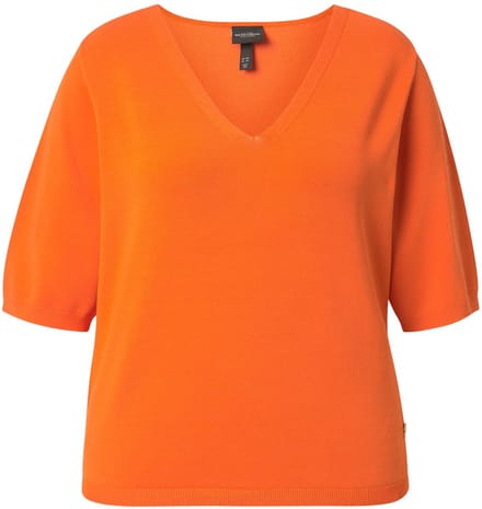 Ulla Popken - Dames - Trui elastische zoom V-hals korte mouwen - Lichtoranje - Maat 54+