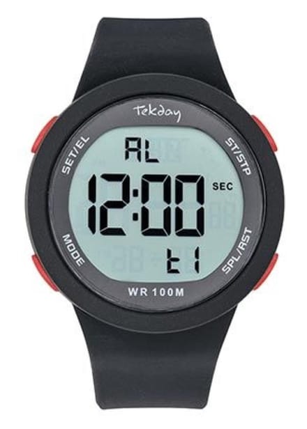 Tekday-Digitaal-Alarm-Timer-Chrono-EL-Datum-10ATM-Zwarte silicone band-45MM