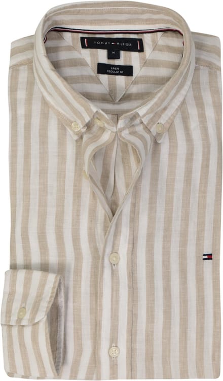 Tommy Hilfiger Linen Essential Regular Fit Shirt - structuur - beige met wit gestreept - Strijkvriendelijk - Boordmaat: 45 - 46