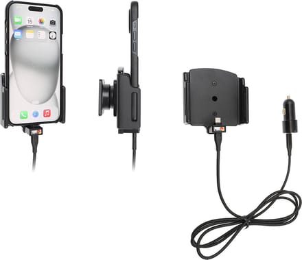 Brodit houder geschikt voor Apple iPhone 15 Plus / 15 Pro MAX , Actieve verstelbare houder met 12V USB SIG-Plug 70-83mm
