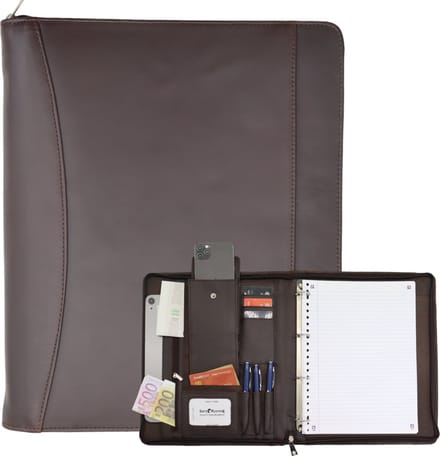 Leren Schrijfmap A4 - Conferentiemap - Documentenmap a4- Tablethoes & Laptopsleeve - Uitneembare Ringband - Hunter Bruin